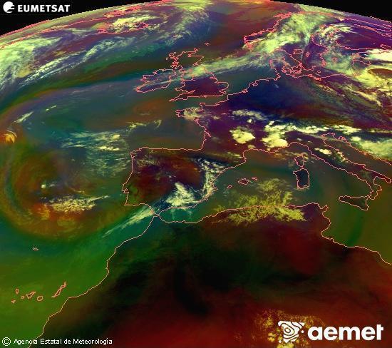 Composici� RGB en la qual es barregen diversos canals del sat�l�lit Meteosat operacional en 0�N 0�W, que ens d�na una idea de les caracter�stiques de les masses d'aire i de la nuvolositat.&nbsp;dissabte, 11 de juliol  2026 16:00
