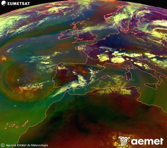 Composici� RGB en la qual es barregen diversos canals del sat�l�lit Meteosat operacional en 0�N 0�W, que ens d�na una idea de les caracter�stiques de les masses d'aire i de la nuvolositat.&nbsp;dissabte, 11 de juliol  2026 17:00
