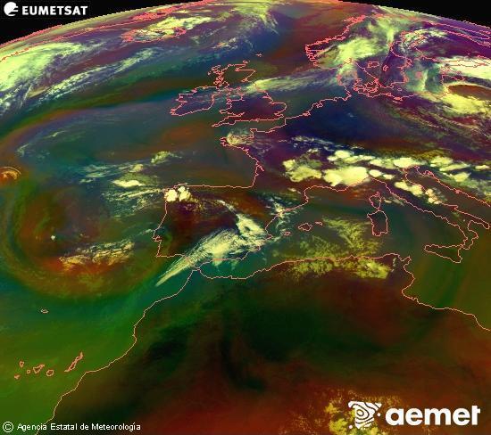 Composici� RGB en la qual es barregen diversos canals del sat�l�lit Meteosat operacional en 0�N 0�W, que ens d�na una idea de les caracter�stiques de les masses d'aire i de la nuvolositat.&nbsp;dissabte, 11 de juliol  2026 18:00