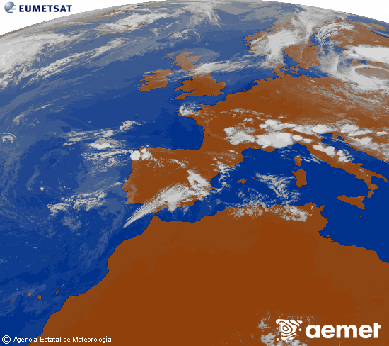 Imatge de la zona d'Europa i Nord d'�frica del canal infraroig del sat�l�lit Meteosat operacional en 0�N 0�W, processada per a donar-li color.&nbsp;dissabte, 11 de juliol  2026 18:00