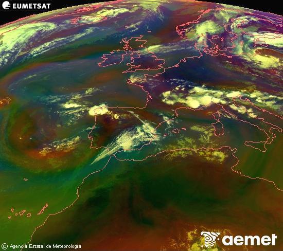 Composici� RGB en la qual es barregen diversos canals del sat�l�lit Meteosat operacional en 0�N 0�W, que ens d�na una idea de les caracter�stiques de les masses d'aire i de la nuvolositat.&nbsp;dissabte, 11 de juliol  2026 19:00