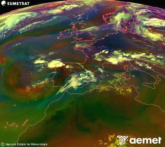 Composici� RGB en la qual es barregen diversos canals del sat�l�lit Meteosat operacional en 0�N 0�W, que ens d�na una idea de les caracter�stiques de les masses d'aire i de la nuvolositat.&nbsp;dissabte, 11 de juliol  2026 20:00