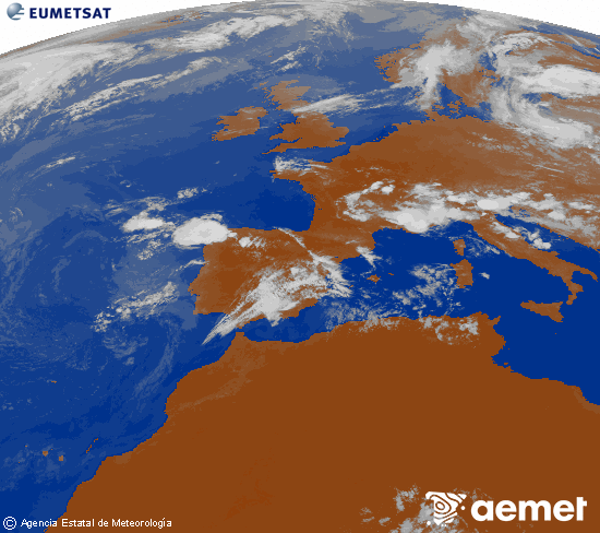 Imatge de la zona d'Europa i Nord d'�frica del canal infraroig del sat�l�lit Meteosat operacional en 0�N 0�W, processada per a donar-li color.&nbsp;dissabte, 11 de juliol  2026 20:00