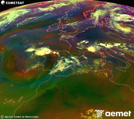 Composici� RGB en la qual es barregen diversos canals del sat�l�lit Meteosat operacional en 0�N 0�W, que ens d�na una idea de les caracter�stiques de les masses d'aire i de la nuvolositat.&nbsp;dissabte, 11 de juliol  2026 21:00