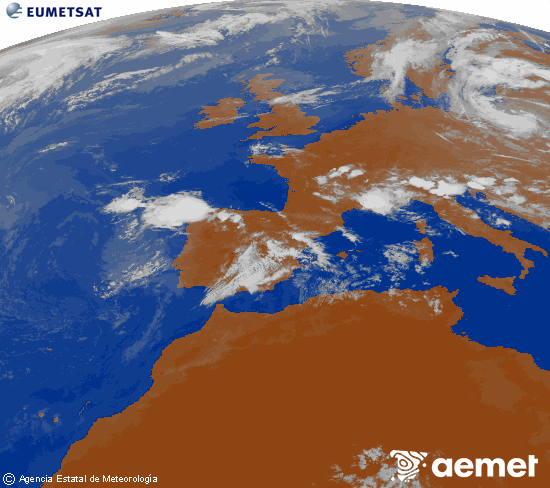 Imatge de la zona d'Europa i Nord d'�frica del canal infraroig del sat�l�lit Meteosat operacional en 0�N 0�W, processada per a donar-li color.&nbsp;dissabte, 11 de juliol  2026 21:00