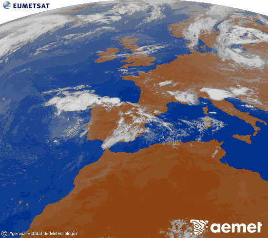 Imagen de la zona de Europa y Norte de �frica del canal infrarrojo del sat�lite Meteosat operacional en 0�N 0�W, procesada para darle color.&nbsp;dissabte, 11 de juliol  2026 23:00