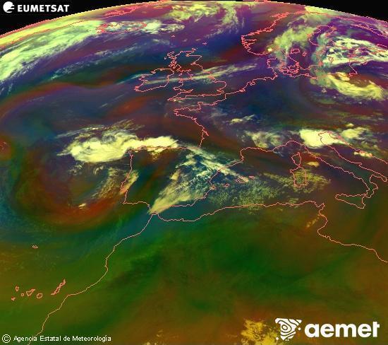 Composici� RGB en la qual es barregen diversos canals del sat�l�lit Meteosat operacional en 0�N 0�W, que ens d�na una idea de les caracter�stiques de les masses d'aire i de la nuvolositat.&nbsp;diumenge, 12 de juliol  2026 00:00