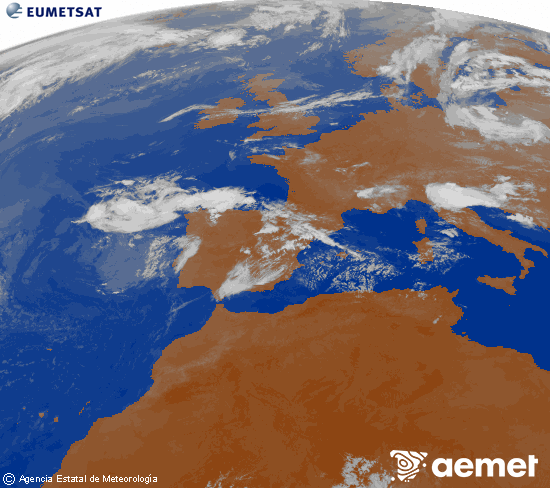 Imagen de la zona de Europa y Norte de �frica del canal infrarrojo del sat�lite Meteosat operacional en 0�N 0�W, procesada para darle color.&nbsp;diumenge, 12 de juliol  2026 01:00