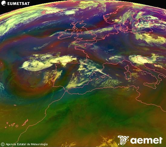 Composici� RGB en la qual es barregen diversos canals del sat�l�lit Meteosat operacional en 0�N 0�W, que ens d�na una idea de les caracter�stiques de les masses d'aire i de la nuvolositat.&nbsp;diumenge, 12 de juliol  2026 02:00