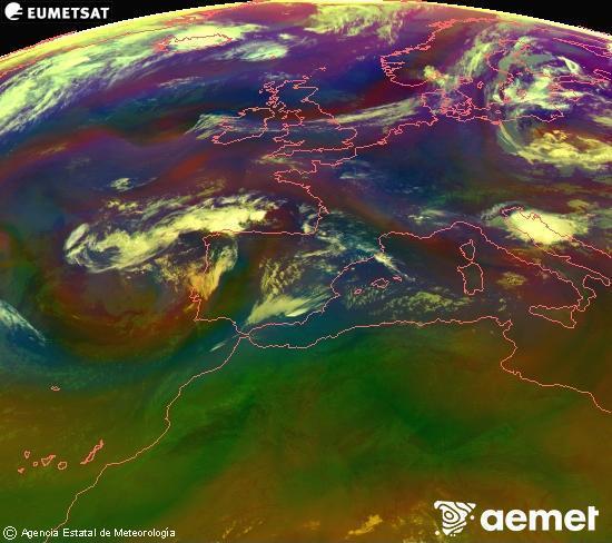 Composici� RGB en la qual es barregen diversos canals del sat�l�lit Meteosat operacional en 0�N 0�W, que ens d�na una idea de les caracter�stiques de les masses d'aire i de la nuvolositat.&nbsp;diumenge, 12 de juliol  2026 04:00
