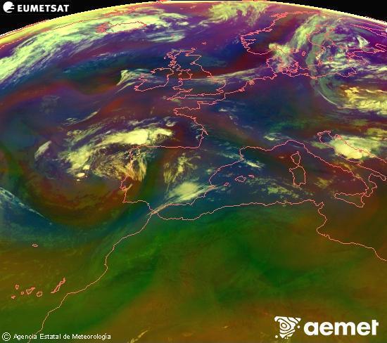 Composici� RGB en la qual es barregen diversos canals del sat�l�lit Meteosat operacional en 0�N 0�W, que ens d�na una idea de les caracter�stiques de les masses d'aire i de la nuvolositat.&nbsp;diumenge, 12 de juliol  2026 06:00