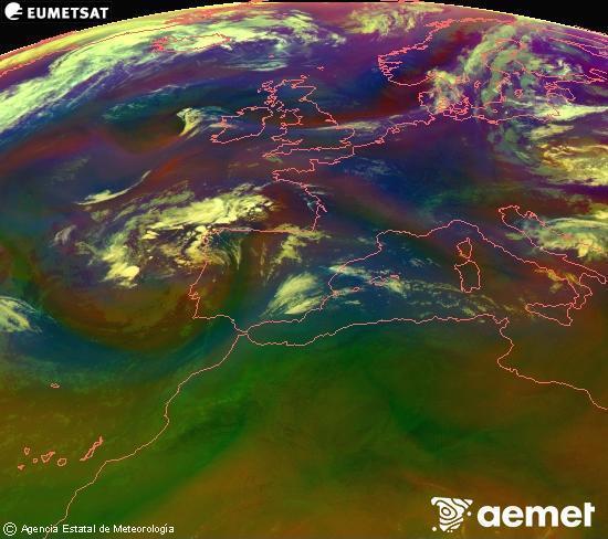 Composici� RGB en la qual es barregen diversos canals del sat�l�lit Meteosat operacional en 0�N 0�W, que ens d�na una idea de les caracter�stiques de les masses d'aire i de la nuvolositat.&nbsp;diumenge, 12 de juliol  2026 08:00