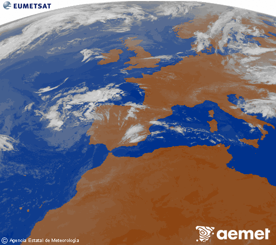 Imagen de la zona de Europa y Norte de �frica del canal infrarrojo del sat�lite Meteosat operacional en 0�N 0�W, procesada para darle color.&nbsp;igandea, 2026ko uztailak 12, ordua: 08:00