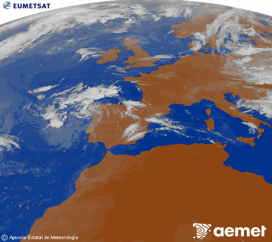 Imatge de la zona d'Europa i Nord d'�frica del canal infraroig del sat�l�lit Meteosat operacional en 0�N 0�W, processada per a donar-li color.&nbsp;diumenge, 12 de juliol  2026 09:00