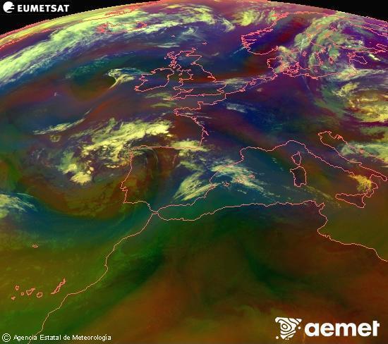 Composici� RGB en la qual es barregen diversos canals del sat�l�lit Meteosat operacional en 0�N 0�W, que ens d�na una idea de les caracter�stiques de les masses d'aire i de la nuvolositat.&nbsp;diumenge, 12 de juliol  2026 10:00