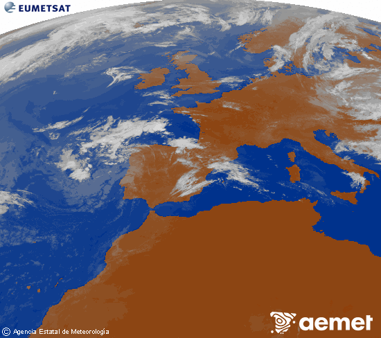 Imatge de la zona d'Europa i Nord d'�frica del canal infraroig del sat�l�lit Meteosat operacional en 0�N 0�W, processada per a donar-li color.&nbsp;diumenge, 12 de juliol  2026 10:00