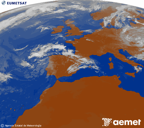 Imagen de la zona de Europa y Norte de �frica del canal infrarrojo del sat�lite Meteosat operacional en 0�N 0�W, procesada para darle color.&nbsp;domingo, 12 julio 2026 a las 12:00