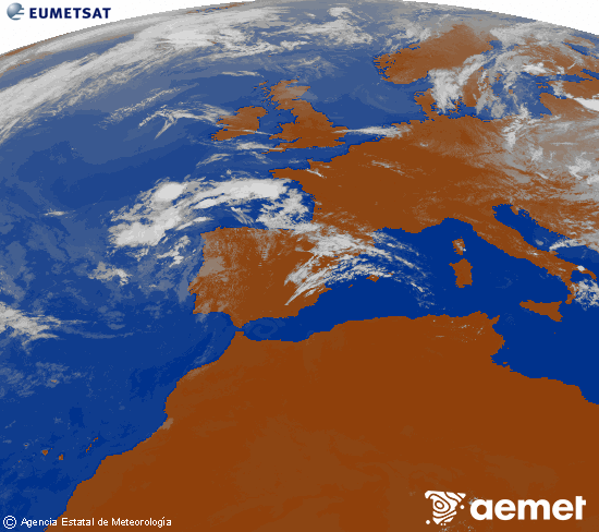 Imatge de la zona d'Europa i Nord d'�frica del canal infraroig del sat�l�lit Meteosat operacional en 0�N 0�W, processada per a donar-li color.&nbsp;diumenge, 12 de juliol  2026 14:00