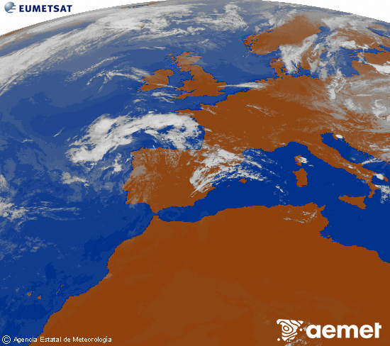 Imatge de la zona d'Europa i Nord d'�frica del canal infraroig del sat�l�lit Meteosat operacional en 0�N 0�W, processada per a donar-li color.&nbsp;diumenge, 12 de juliol  2026 15:00