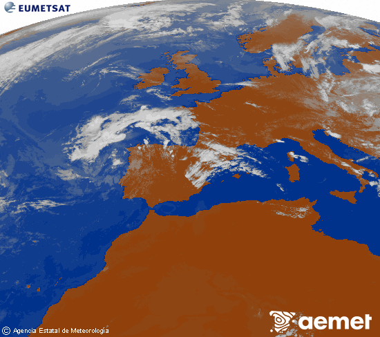 Imatge de la zona d'Europa i Nord d'�frica del canal infraroig del sat�l�lit Meteosat operacional en 0�N 0�W, processada per a donar-li color.&nbsp;diumenge, 12 de juliol  2026 16:00