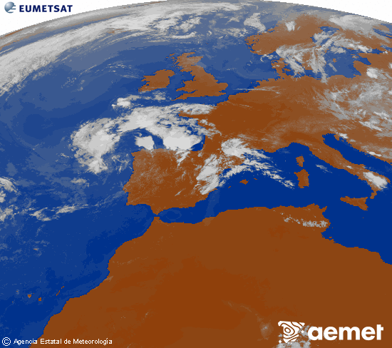 Imagen de la zona de Europa y Norte de �frica del canal infrarrojo del sat�lite Meteosat operacional en 0�N 0�W, procesada para darle color.&nbsp;dimanche, 12 juillet  2026 19:00