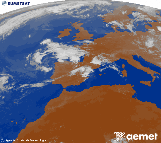 Imagen de la zona de Europa y Norte de �frica del canal infrarrojo del sat�lite Meteosat operacional en 0�N 0�W, procesada para darle color.&nbsp;domingo, 12 julio 2026 a las 22:00