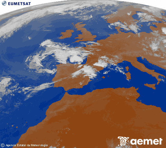 Imatge de la zona d'Europa i Nord d'�frica del canal infraroig del sat�l�lit Meteosat operacional en 0�N 0�W, processada per a donar-li color.&nbsp;diumenge, 12 de juliol  2026 23:00