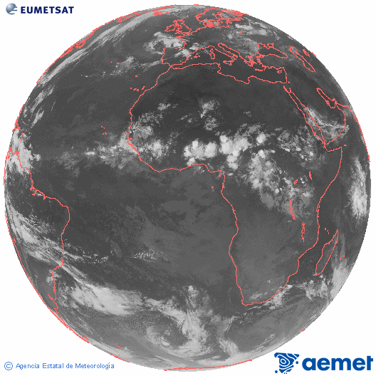Imaxe global da canle infravermella (10.8 &mu;m) do sat�lite  Meteosat, pertencente � serie MSX (Meteosat Segunda Xeraci�n) e situado en 0�N 0�E.&nbsp;domingo, 12 xullo  2026 23:00
