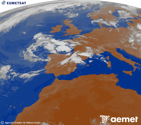 Imatge de la zona d'Europa i Nord d'�frica del canal infraroig del sat�l�lit Meteosat operacional en 0�N 0�W, processada per a donar-li color.&nbsp;dilluns, 13 de juliol  2026 00:00