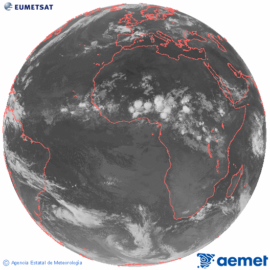 Imaxe global da canle infravermella (10.8 &mu;m) do sat�lite  Meteosat, pertencente � serie MSX (Meteosat Segunda Xeraci�n) e situado en 0�N 0�E.&nbsp;luns, 13 xullo  2026 02:00