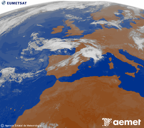 Imagen de la zona de Europa y Norte de �frica del canal infrarrojo del sat�lite Meteosat operacional en 0�N 0�W, procesada para darle color.&nbsp;lundi, 13 juillet  2026 04:00