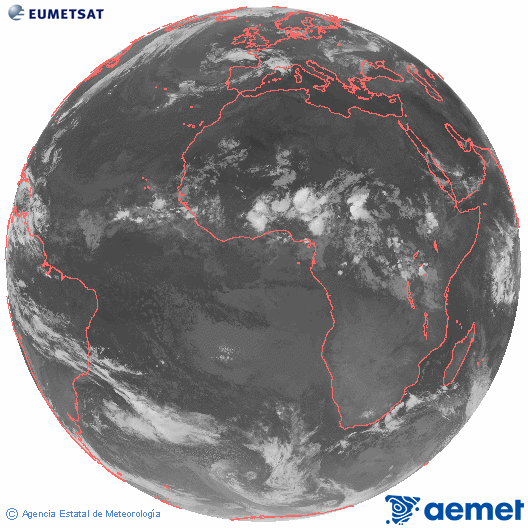 Imaxe global da canle infravermella (10.8 &mu;m) do sat�lite  Meteosat, pertencente � serie MSX (Meteosat Segunda Xeraci�n) e situado en 0�N 0�E.&nbsp;luns, 13 xullo  2026 05:00