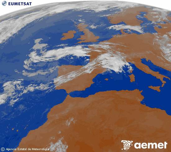 Imagen de la zona de Europa y Norte de �frica del canal infrarrojo del sat�lite Meteosat operacional en 0�N 0�W, procesada para darle color.&nbsp;Monday, 13 July  2026 07:00