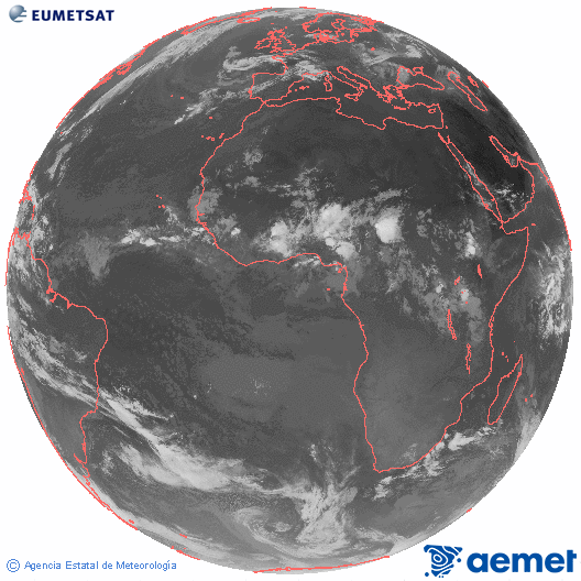 Imaxe global da canle infravermella (10.8 &mu;m) do sat�lite  Meteosat, pertencente � serie MSX (Meteosat Segunda Xeraci�n) e situado en 0�N 0�E.&nbsp;luns, 13 xullo  2026 08:00