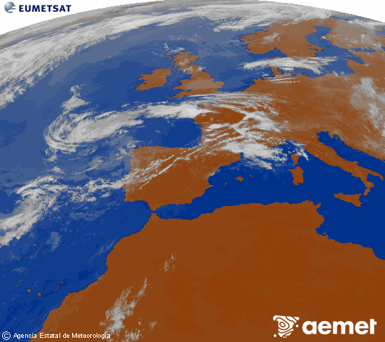 Imagen de la zona de Europa y Norte de �frica del canal infrarrojo del sat�lite Meteosat operacional en 0�N 0�W, procesada para darle color.&nbsp;Monday, 13 July  2026 11:00