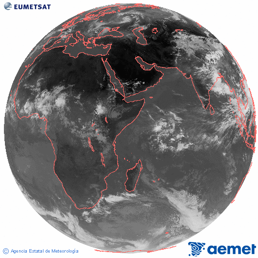 Oc�ano �ndico. Imagen global del canal infrarrojo (10.8&mu;m) de Meteosat, perteneciente a la serie MSG (Meteosat Segunda Generaci�n) y situado en 41.5° E.&nbsp;dilluns, 13 de juliol  2026 11:00
