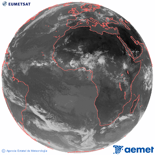 Imaxe global da canle infravermella (10.8 &mu;m) do sat�lite  Meteosat, pertencente � serie MSX (Meteosat Segunda Xeraci�n) e situado en 0�N 0�E.&nbsp;luns, 13 xullo  2026 11:00