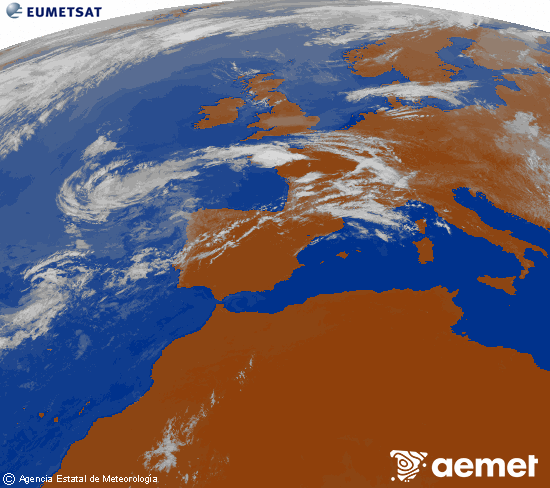 Imatge de la zona d'Europa i Nord d'�frica del canal infraroig del sat�l�lit Meteosat operacional en 0�N 0�W, processada per a donar-li color.&nbsp;dilluns, 13 de juliol  2026 12:00