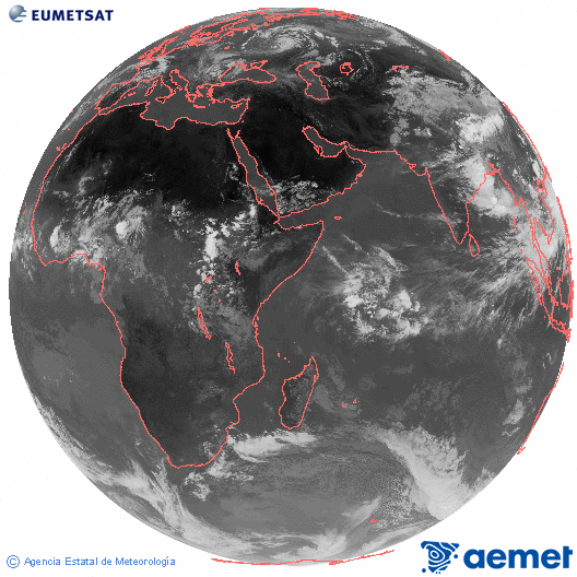 Oc�ano �ndico. Imagen global del canal infrarrojo (10.8&mu;m) de Meteosat, perteneciente a la serie MSG (Meteosat Segunda Generaci�n) y situado en 41.5° E.&nbsp;dilluns, 13 de juliol  2026 14:00