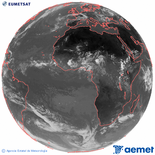 Imaxe global da canle infravermella (10.8 &mu;m) do sat�lite  Meteosat, pertencente � serie MSX (Meteosat Segunda Xeraci�n) e situado en 0�N 0�E.&nbsp;luns, 13 xullo  2026 14:00