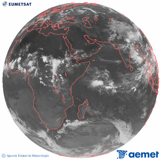 Oc�ano �ndico. Imagen global del canal infrarrojo (10.8&mu;m) de Meteosat, perteneciente a la serie MSG (Meteosat Segunda Generaci�n) y situado en 41.5° E.&nbsp;dilluns, 13 de juliol  2026 20:00