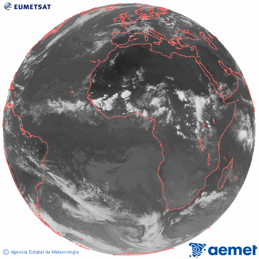 Imaxe global da canle infravermella (10.8 &mu;m) do sat�lite  Meteosat, pertencente � serie MSX (Meteosat Segunda Xeraci�n) e situado en 0�N 0�E.&nbsp;luns, 13 xullo  2026 20:00