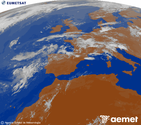 Imagen de la zona de Europa y Norte de �frica del canal infrarrojo del sat�lite Meteosat operacional en 0�N 0�W, procesada para darle color.&nbsp;astelehena, 2026ko uztailak 13, ordua: 22:00