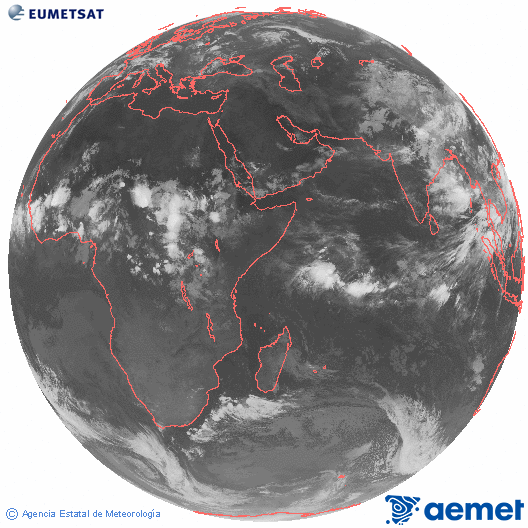 Oc�ano �ndico. Imagen global del canal infrarrojo (10.8&mu;m) de Meteosat, perteneciente a la serie MSG (Meteosat Segunda Generaci�n) y situado en 41.5° E.&nbsp;dilluns, 13 de juliol  2026 23:00