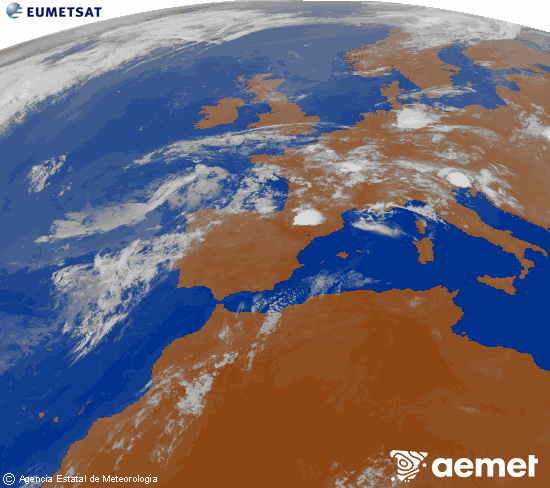 Imagen de la zona de Europa y Norte de �frica del canal infrarrojo del sat�lite Meteosat operacional en 0�N 0�W, procesada para darle color.&nbsp;martes, 14 julio 2026 a las 00:00