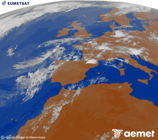 Imagen de la zona de Europa y Norte de �frica del canal infrarrojo del sat�lite Meteosat operacional en 0�N 0�W, procesada para darle color.&nbsp;dimarts, 14 de juliol  2026 01:00