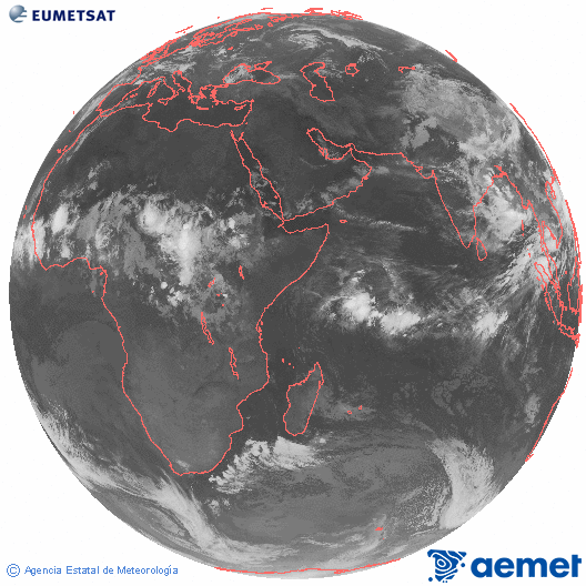 Oc�ano �ndico. Imagen global del canal infrarrojo (10.8&mu;m) de Meteosat, perteneciente a la serie MSG (Meteosat Segunda Generaci�n) y situado en 41.5° E.&nbsp;dimarts, 14 de juliol  2026 02:00