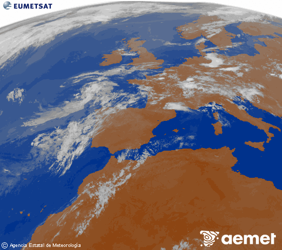 Imagen de la zona de Europa y Norte de �frica del canal infrarrojo del sat�lite Meteosat operacional en 0�N 0�W, procesada para darle color.&nbsp;dimarts, 14 de juliol  2026 03:00