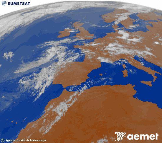 Imagen de la zona de Europa y Norte de �frica del canal infrarrojo del sat�lite Meteosat operacional en 0�N 0�W, procesada para darle color.&nbsp;dimarts, 14 de juliol  2026 04:00