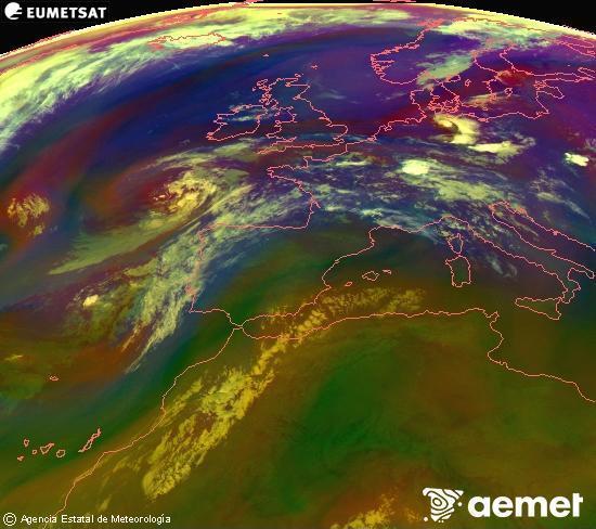 RGB-a Meteosat eragiketa-sateliteko hainbat kanal 0�W-a 0�N-ean, aire-masen eta hodeitzaren ezaugarrien erakusgarri izango dena.&nbsp;asteartea, 2026ko uztailak 14, ordua: 05:00